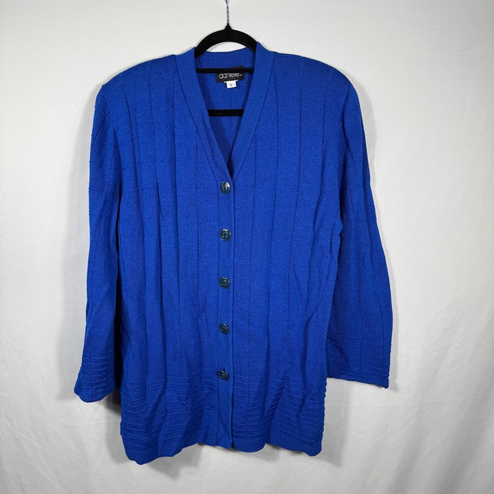 Vintage Danielle Wool Blend Cardigan Sweater Button Front Knit Cobalt Blue L